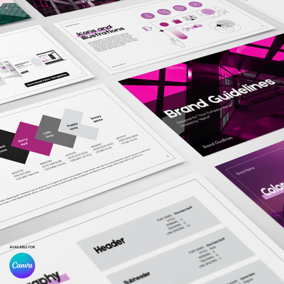 A set of printed Modern Brand Identity Template | Canva Brand Guidelines Layout documents by More By Us | The Brand Store is displayed, featuring icons, color palettes, typography, and imagery in magenta and gray with a Canva logo bottom left.
