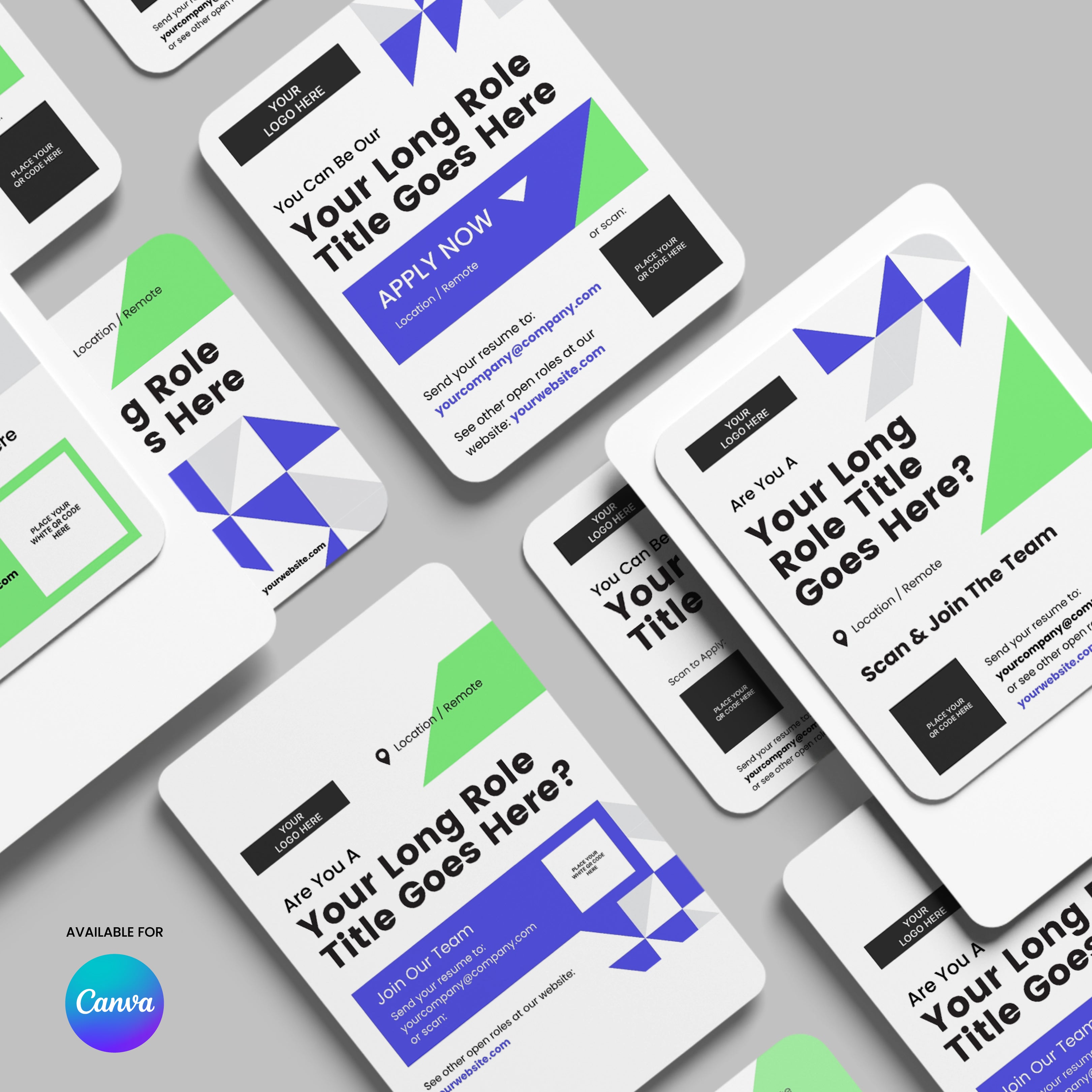 The Social Media Hiring Ad Templates for Canva - Forma 40 Collection features modern, geometric recruitment flyers with bold text, QR codes, and abstract blue, green, and black shapes—perfect for hiring campaigns. Canva logo shown bottom left on gray surface.
