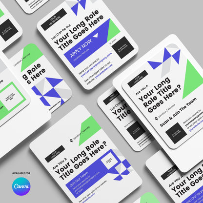 The Social Media Hiring Ad Templates for Canva - Forma 40 Collection features modern, geometric recruitment flyers with bold text, QR codes, and abstract blue, green, and black shapes—perfect for hiring campaigns. Canva logo shown bottom left on gray surface.