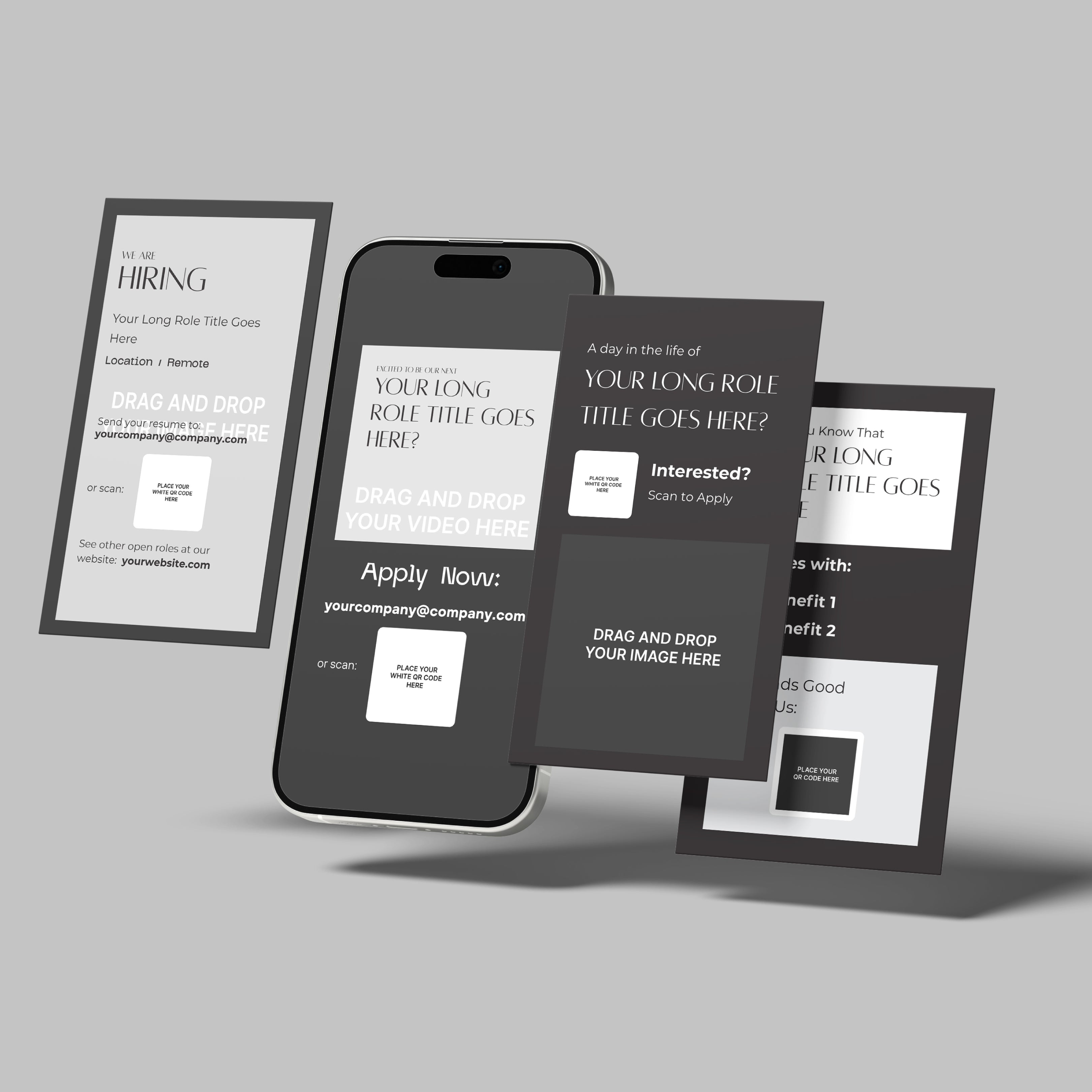 The Social Media Hiring Story Templates for Canva – Forma 60 Collection features four monochrome recruitment ad designs—one on a smartphone and three floating cards—all with text and image placeholders on a neutral gray background.