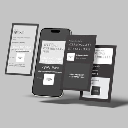 The Social Media Hiring Story Templates for Canva – Forma 60 Collection features four monochrome recruitment ad designs—one on a smartphone and three floating cards—all with text and image placeholders on a neutral gray background.