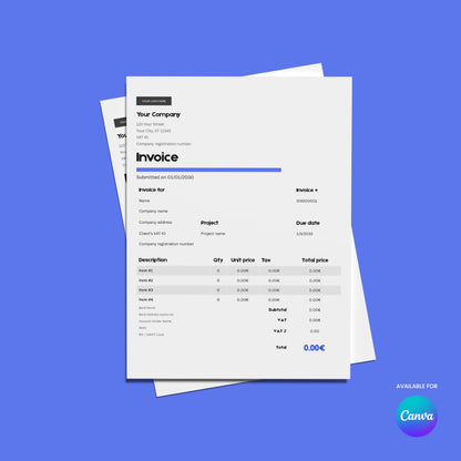 The Invoice Template - Forma 20 Collection is a fully editable Canva template (US & EU formats) featuring minimalist black and blue text on white, listing items, qty, prices, taxes, and total (€0.00); Canva logo shown bottom right.