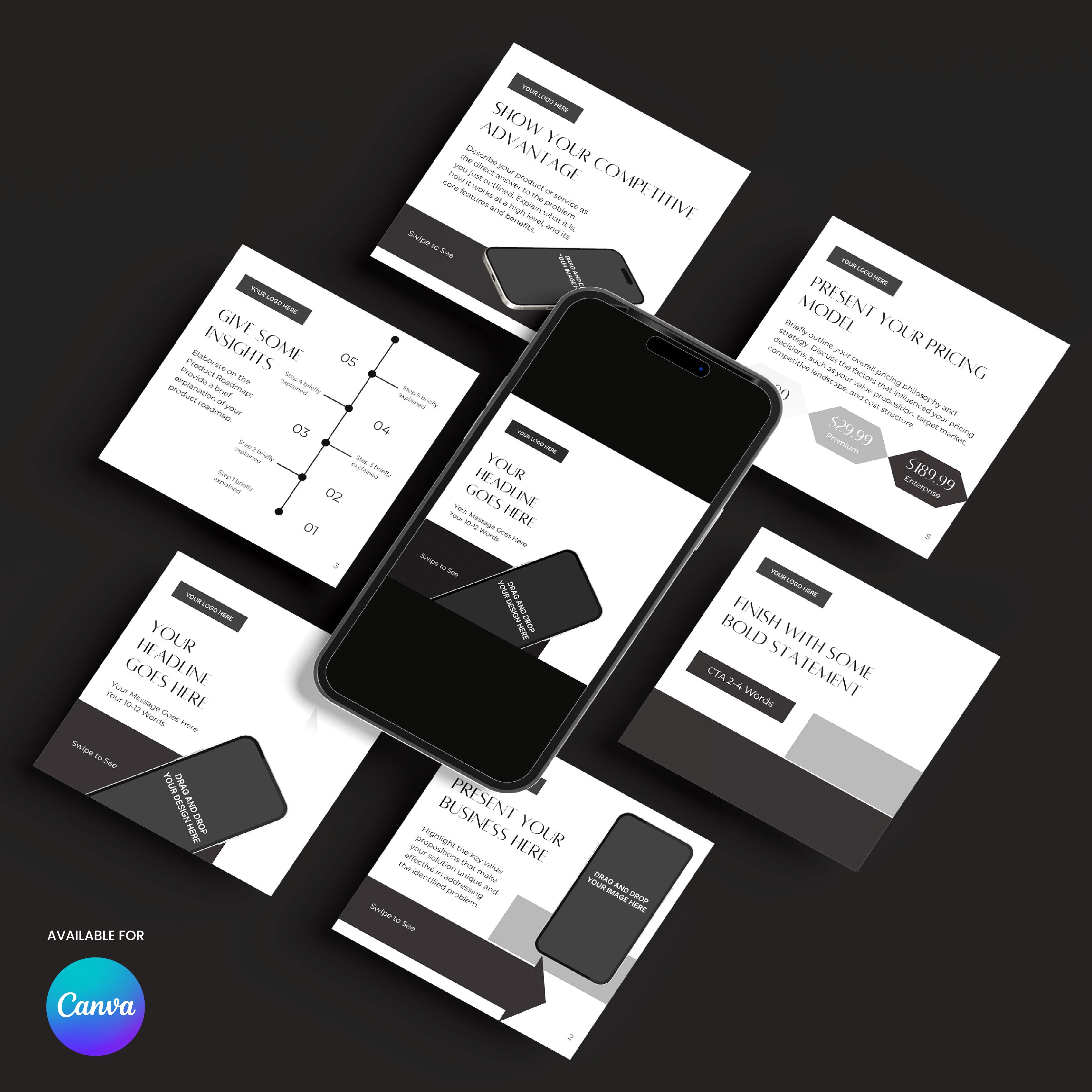 A smartphone rests on a black surface, displaying seven business slides from the Social Media Carousel Template for Canva - Forma 60 Collection in black, white, and gray, with a circular "Available for Canva" badge highlighting this modern template.