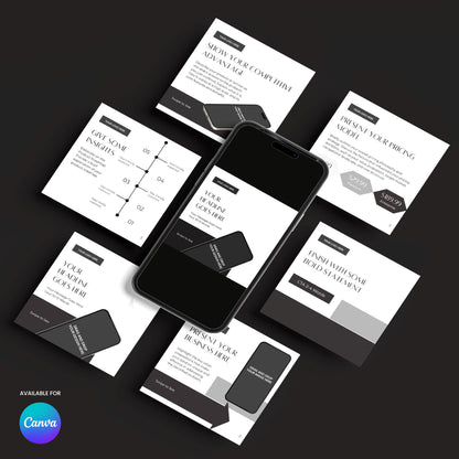 A smartphone rests on a black surface, displaying seven business slides from the Social Media Carousel Template for Canva - Forma 60 Collection in black, white, and gray, with a circular "Available for Canva" badge highlighting this modern template.