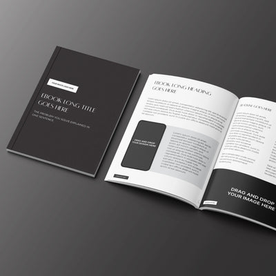 The eBook Template for Canva – Monochrome Edition Forma 60 Collection by More By Us | The Brand Store features closed and open eBooks with text boxes and image placeholders on a dark gradient background, highlighting its premium, minimal design.