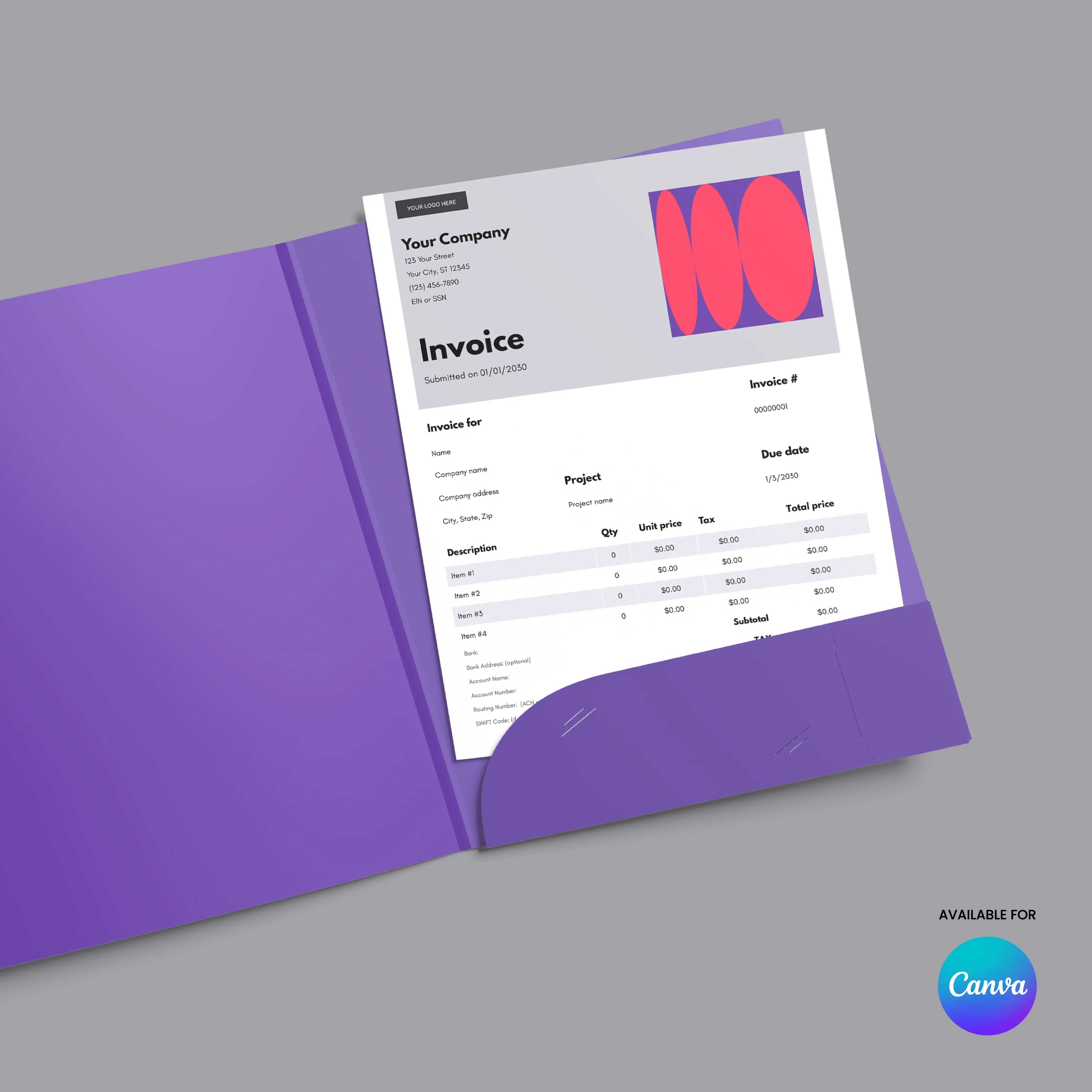 The Bold Invoice Template (EU & US Versions) in editable Canva format is shown partly visible inside a purple folder, featuring itemized details, company info, and a red abstract design. Forma 10. The Canva logo appears in the bottom right corner.