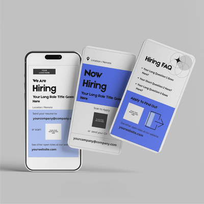The Blue Hiring Social Media Story Templates for Canva – Forma 20 Collection by More By Us | The Brand Store features modern blue, white, and gray designs—ideal for recruitment campaigns, job hiring announcements, and FAQ sections.