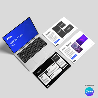 A laptop and three printed pages from the Media Press Kit Template for Canva - Forma 30 Collection by More By Us | The Brand Store are arranged on a light surface, showcasing Gallery, Video Gallery, and Quotes sections with a Canva logo.