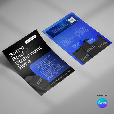 The Flyer Template for Canva - Forma 30 Collection by More By Us features bold, high-impact designs ideal for tech product and digital service promotions. One flyer has a statement with a smartphone on black; another highlights features in blue. Canva logo included.