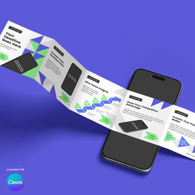 A smartphone sits on a purple surface with a folded brochure from the Social Media Carousel Template - Forma 40 Collection by More By Us | The Brand Store, designed for Canva and ideal for SaaS brands, displaying geometric designs and graphs.
