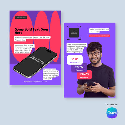 The Flyer Template for Canva - Forma 10 Collection by More By Us | The Brand Store showcases bold promo text, pricing, and contact info on a purple-pink backdrop. A smiling man with glasses and phone appears right; Canva flyer template logo sits bottom right.