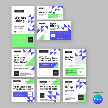 Promote your recruitment campaign with the Forma 40 Collection: nine geometric Social Media Hiring Ad Templates for Canva in green, blue, black, and white on gray. Each features space for role title, location, and a bold "We Are Hiring" headline.