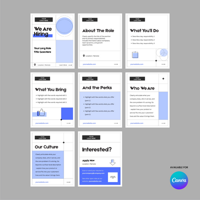 The Hiring Social Media Carousel Template for Canva - Forma 20 Collection showcases eight minimalist Instagram templates in black, white, and light blue with headings, icons, and text sections on a gray grid background and a Canva logo at the bottom right.