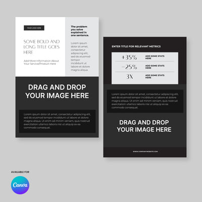 The Flyer Template for Canva - Forma 60 Collection by More By Us | The Brand Store features two minimal black and white cards with sections for logo, title, description, stats, an image area, and a Canva logo in the bottom left corner.