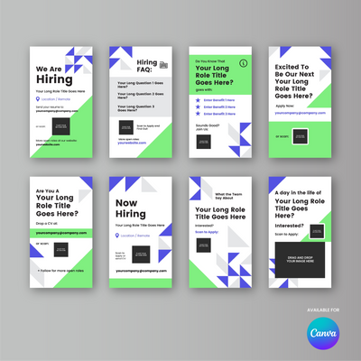 The Forma 40 Collection offers 8 geometric, modern hiring social media story templates for Canva in green, blue, black, and white with text placeholders on gray gradients. Canva logo appears bottom right.