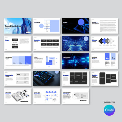 The Modern Brand Identity Template - Forma 20 by More By Us | The Brand Store displays 16 slides of Canva brand guidelines for SaaS startups, featuring logos, typography, colors, mockups, and graphs on a gray background with a Canva logo.