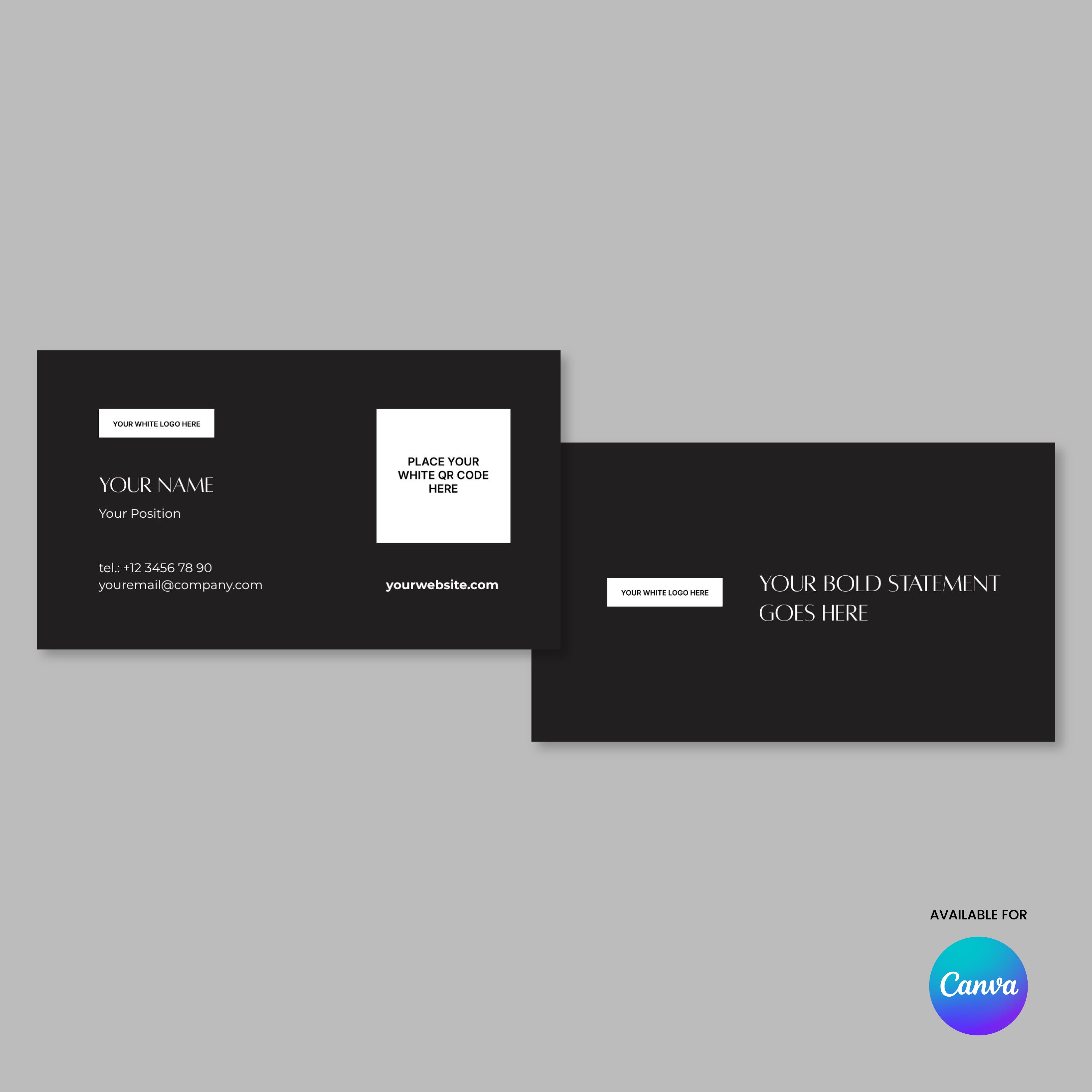 Two black cards from the Forma 60 Business Card Template for Canva on a gray background. The front shows “Your Bold Statement Goes Here” and a website box; the back displays name, role, contact info, website, code box, and Canva logo.