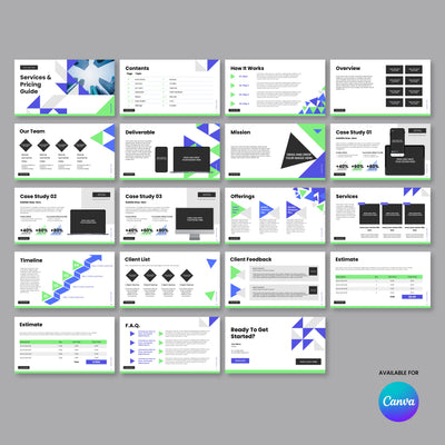 The Proposal Deck Template for Canva – Forma 40 Collection by More By Us | The Brand Store is an editable B2B services pricing presentation featuring customizable slides and modern geometric designs in green, blue, black, and white with a Canva logo.