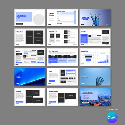 The Blue Media Press Kit Template for Canva from the Forma 20 Collection by More By Us | The Brand Store includes 16 customizable slides with sections for company info, quotes, stats, visuals, video gallery, and logo in blue, black, and white accents.