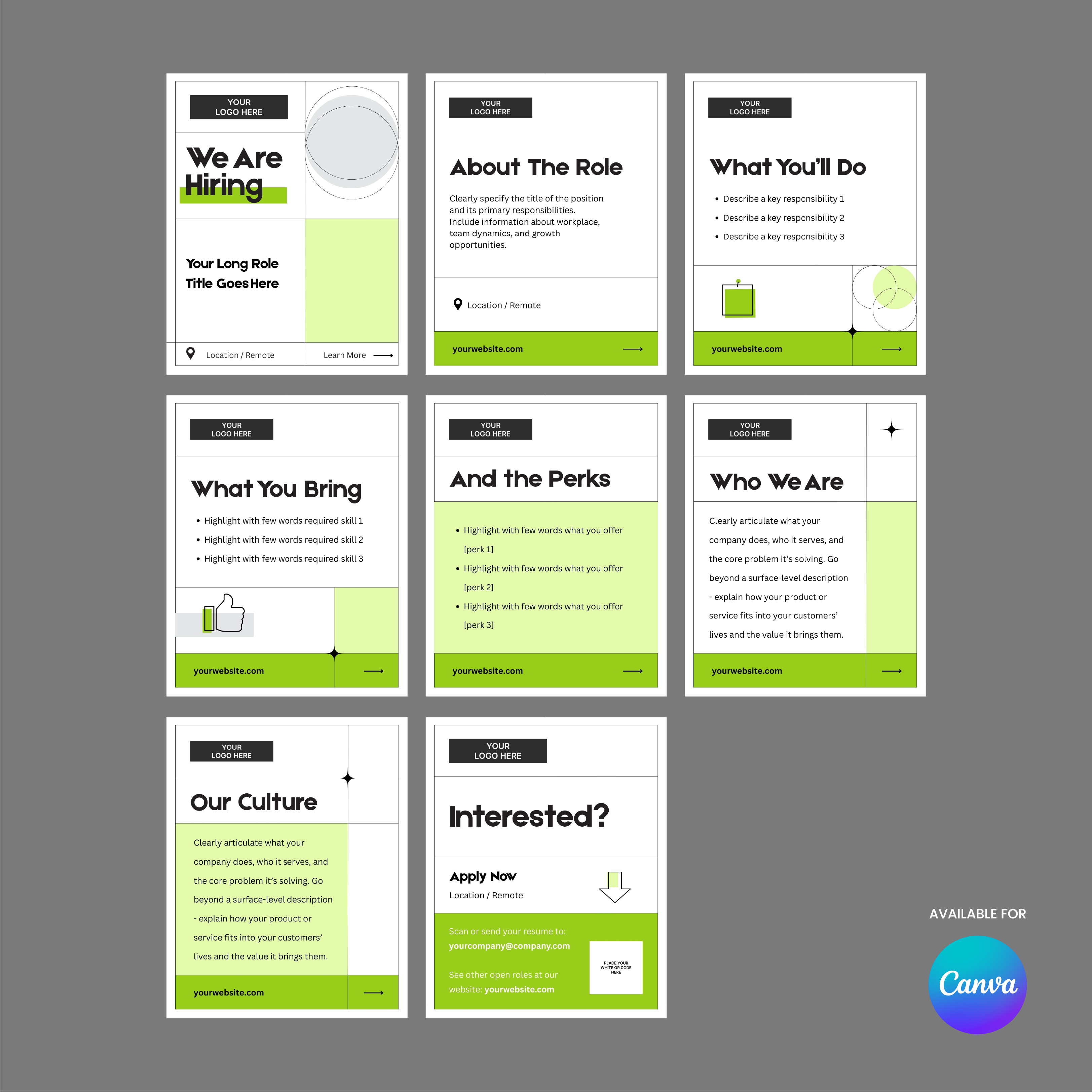The Hiring Social Media Carousel Template for Canva - Forma 40 Collection includes seven recruitment flyer designs in black, white, and green, with headers like We Are Hiring and About The Role, text/icon spaces, and a Canva logo.