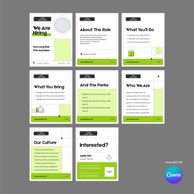 The Forma 20 Collection by More By Us | The Brand Store offers 7 modern green, black, and white Canva job post templates for hiring carousels—featuring sections like Role, Perks, What You’ll Do Bring, Culture, and more.