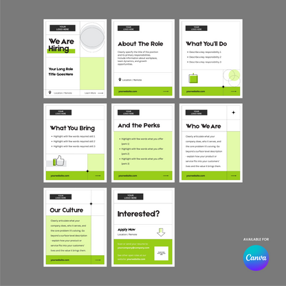 The Hiring Social Media Carousel Template for Canva - Forma 40 Collection includes seven recruitment flyer designs in black, white, and green, with headers like We Are Hiring and About The Role, text/icon spaces, and a Canva logo.