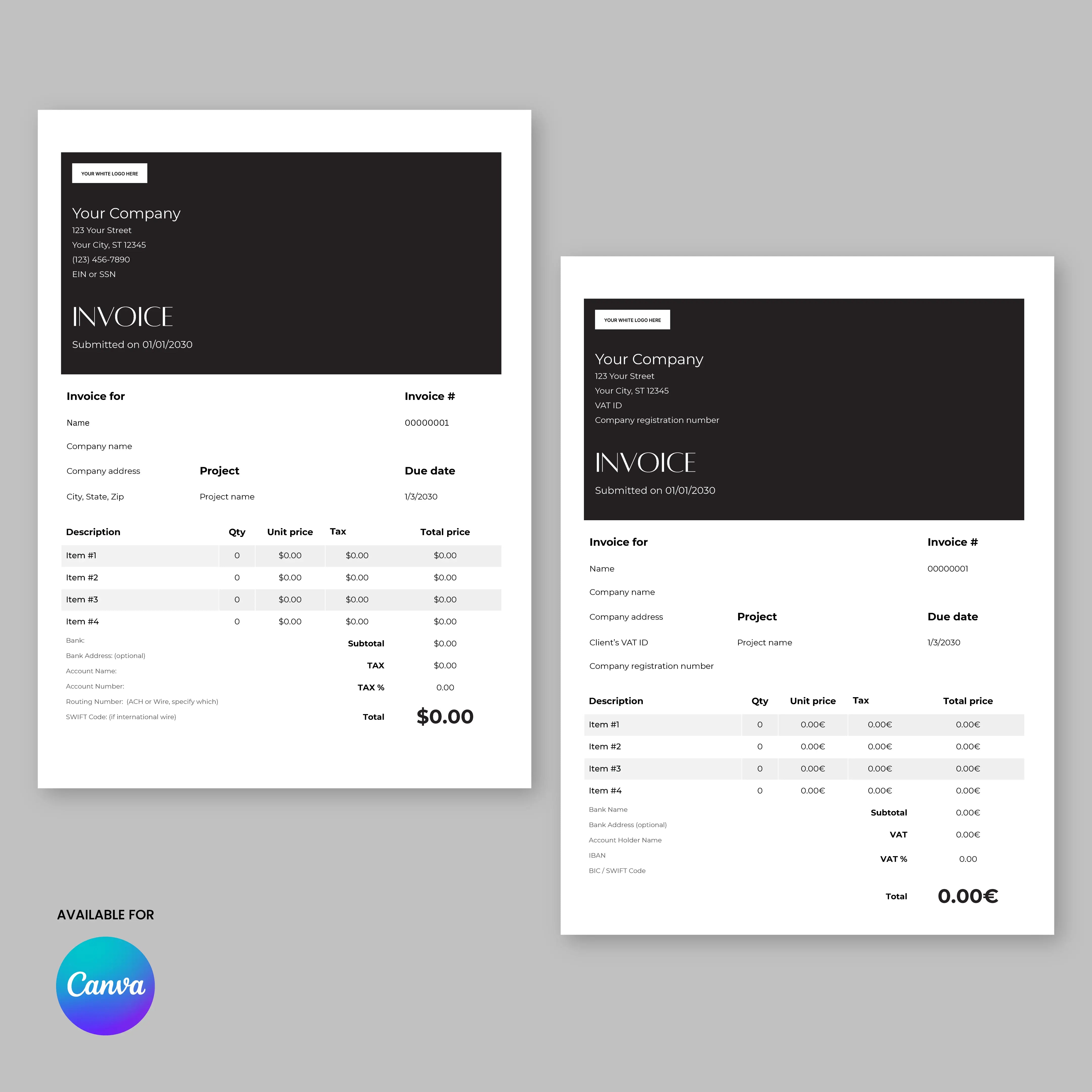 The Invoice Canva Template - Forma 60 Collection US EU Formats features two pro, editable invoice templates with black headers on a gray background, displaying company info side by side and an itemized list. Canva logo is at the bottom left.