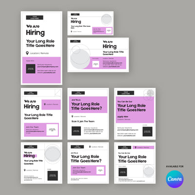 The Social Media Hiring Paid Ad Templates for Canva – Forma 20 Collection Pink Edition by More By Us | The Brand Store features nine bold templates with circular graphics and pink accents on gray, ideal for recruitment campaigns. Canva logo included.