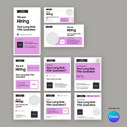 A set of nine “We Are Hiring” social media templates from the Forma 20 Collection Pink Edition, with job title, location, and call-to-action text placeholders. Includes Canva logo; displayed on a gray background.