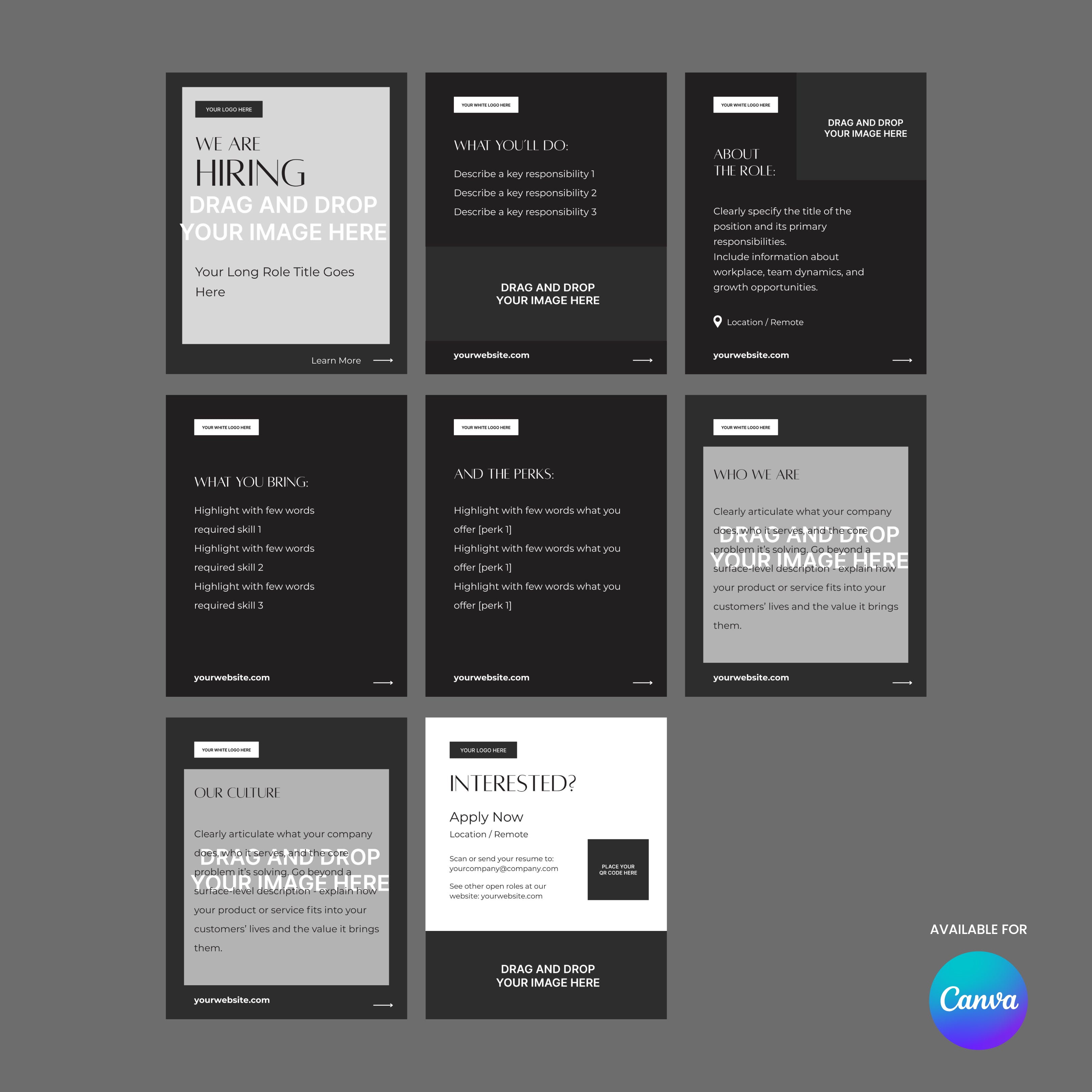A 3x3 grid of black, white, and gray Social Media Hiring Carousel Templates for Canva Forma 60 Collection, with sections for titles, responsibilities, company culture, image placeholders labeled "Drag and drop your image here," and a Canva logo bottom right.
