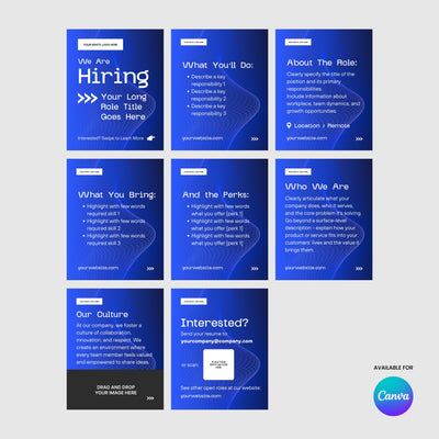 The Forma 30 Collection by More By Us | The Brand Store features eight blue Canva hiring carousel templates with white text, ideal for “We’re Hiring” posts. Each organizes role info, perks, and culture, with “Available For Canva” in the bottom right corner.