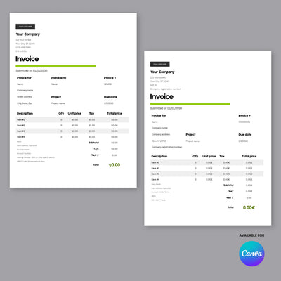 The “Modern Green Invoice Template US EU Format” by More By Us | The Brand Store shows two editable Canva invoices with black and green accents on a gray background, displaying company info, itemized charges, totals, and 0.00€ balance. Canva logo bottom right.