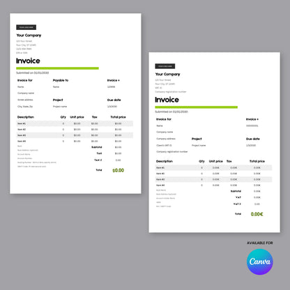 The Modern Green Invoice Template (US & EU Format) | Forma 20 is shown: two white, professional invoices with grey headers, black text, and green highlights on a grey background. Canva logo and Available for Canva are in the corner; fully editable in Canva.
