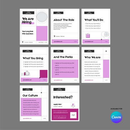 The Social Media Hiring Carousel Templates for Canva - Forma 20 Collection Pink Edition is a 7-slide job post template in pink with spots for title, overview, responsibilities, qualifications, perks, culture application info. Canva link bottom right.