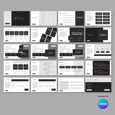 The Proposal Deck Template for Canva – Forma 60 Collection by More By Us | The Brand Store features 24 minimalist black-and-white slides for services and pricing, fully editable in Canva, shown on a gray background with the Canva logo.