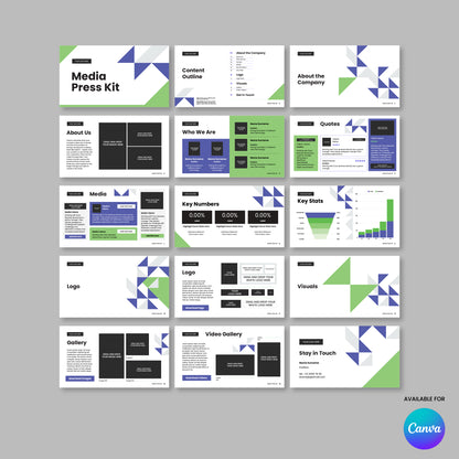 The Media Press Kit Template for Canva - Forma 40 Collection offers 14 slides with geometric green, blue, and purple accents on white. Features include about us, key stats, visuals, quotes, logos contact info. Canva logo in bottom right.