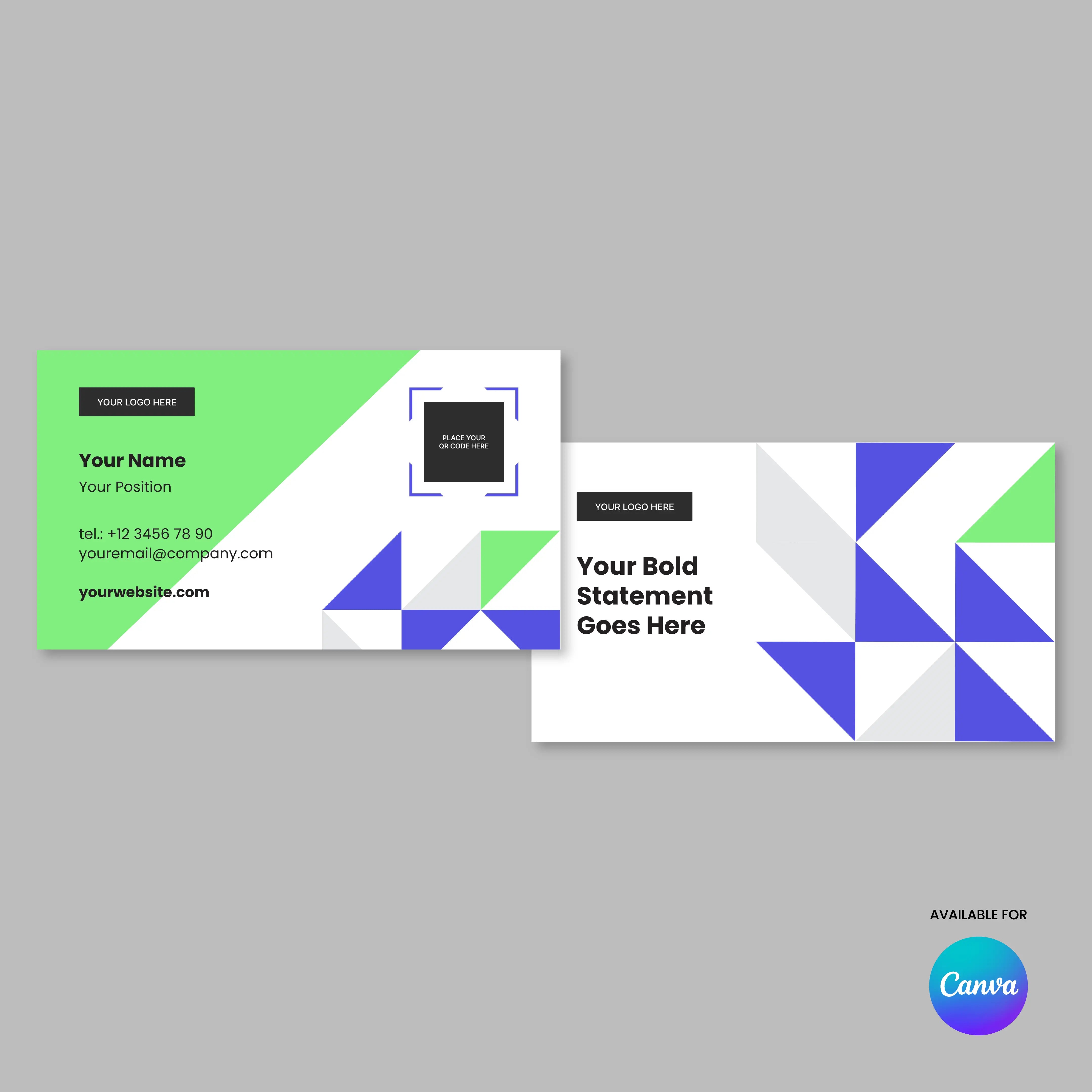 Two editable business cards from the Business Card Template for Canva | Forma 40 Collection rest on a gray background—one in fresh green and white, the other with bold blue geometric shapes. Customize both templates easily in Canva.