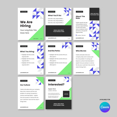 The Forma 40 Collection by More By Us | The Brand Store features eight recruitment flyer templates in a grid, with white backgrounds and green, black, and blue geometric accents. Ideal for hiring social media carousels; Canva logo at the bottom right.