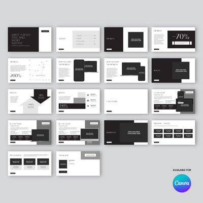 The Sales Deck Template for Canva – Forma 60 Collection by More By Us features 18 elegant, minimalist slides in black, white, and gray for creatives and luxury brands—fully editable layouts for text, charts, images, agendas case studies on a light gray background.