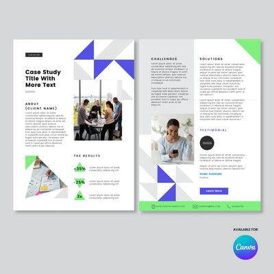 The Brand Store by More By Us presents the Case Study Template for Canva - Forma 40 Collection: a two-page editable client success story and portfolio layout with geometric shapes, modern office images, key sections, and the Canva logo.