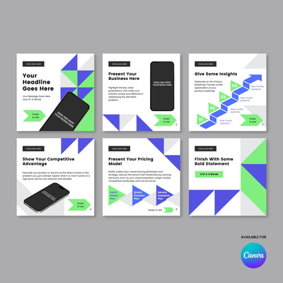 The Forma 40 Collection by More By Us features six editable Canva carousel templates in white, blue, and green with text boxes, shapes, phone mock-ups, and step graphics—ideal for SaaS or B2B Instagram LinkedIn posts. Canva logo bottom right on gray.