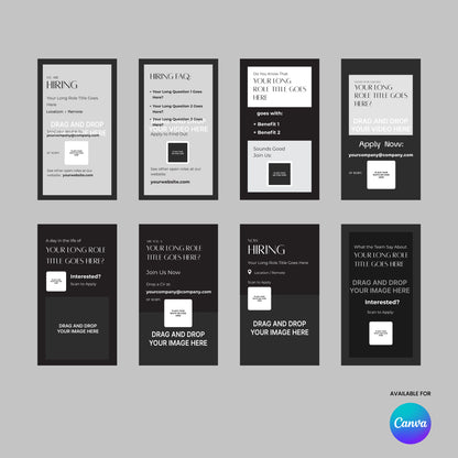 The Social Media Hiring Story Templates for Canva – Forma 60 Collection offers nine minimalist black, white, and gray templates with job title, benefits, contact fields, drag-and-drop image placeholders, and Canva branding—ideal for standout Recruitment Ads.