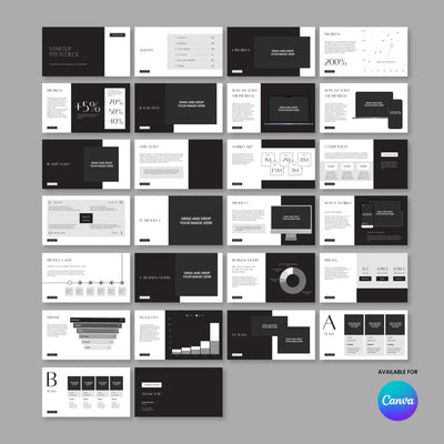 The Startup Pitch Deck Template for Canva – Forma 60 Collection by More By Us | The Brand Store showcases 25 minimalist black-and-white slides with charts, graphs, and headings—ideal for fashion and creative brands. Canva logo in bottom right on grey background.