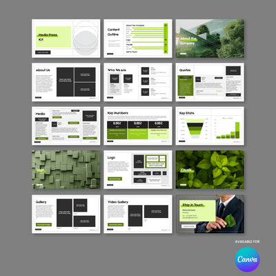 The Green Media Press Kit Template for Canva – Forma 20 Collection by More By Us | The Brand Store is shown on a gray background, featuring 16 green-and-white slides for stats, quotes, images, logos, and more. The Canva logo appears bottom right.