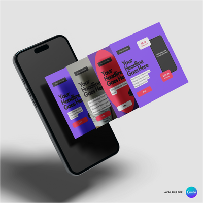 A smartphone displays four overlapping Single Image Paid Ad Templates for Social Media Forma 10 Collection by The Brand Store by More By Us, editable in Canva for Instagram LinkedIn. A Canva logo is shown on a light gray background.