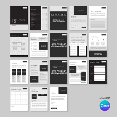 The Forma 60 Collection by More By Us | The Brand Store is an editable 20-page Canva workbook template for learning, planning, and content creation with intro, process, reviews, activities, planner pages, contact details, and drag-and-drop image placeholders.