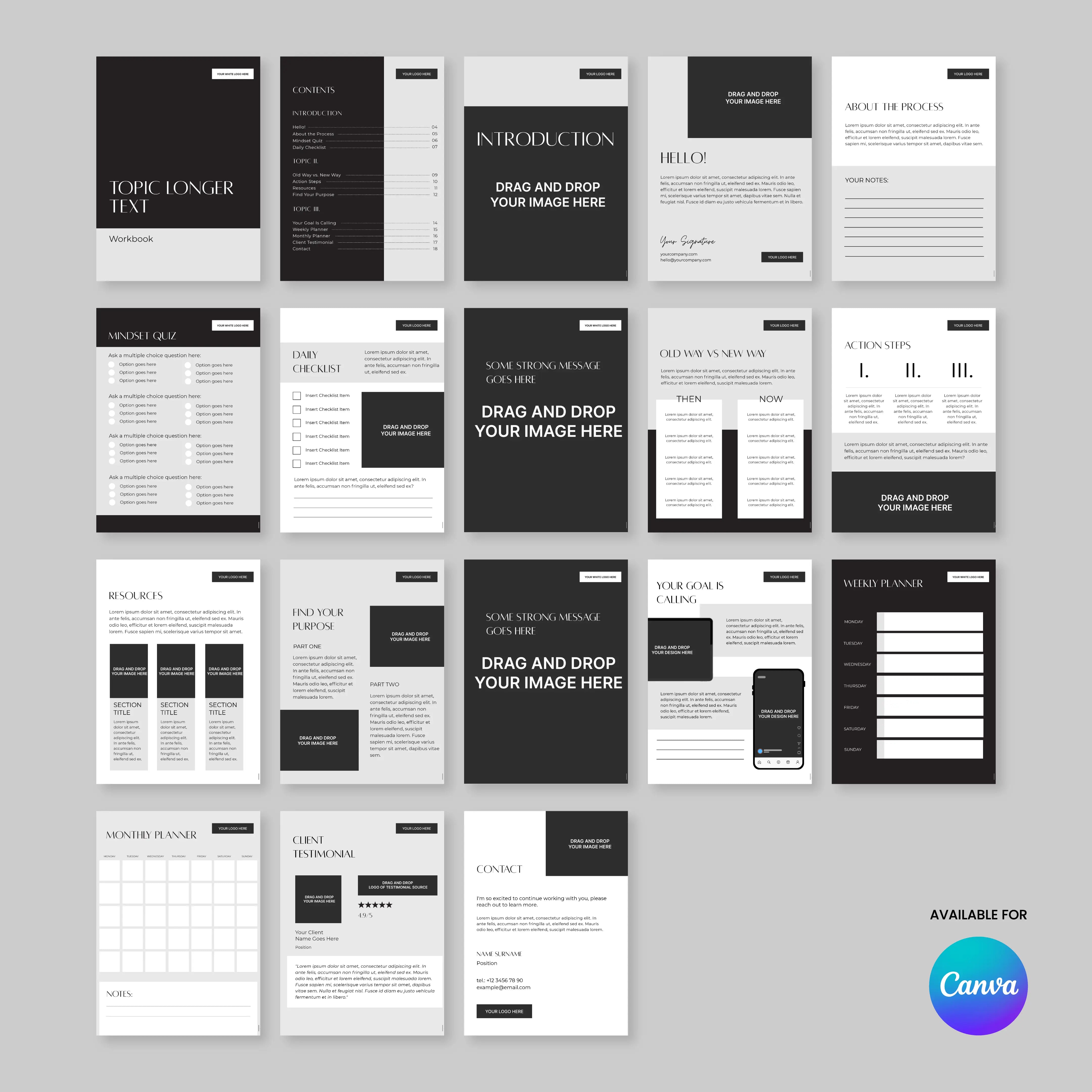 Collection of black and white design templates on a gray background with Canva branding.