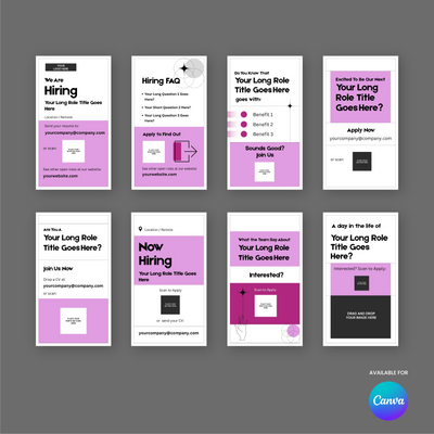 The Forma 20 Collection by More By Us | The Brand Store features eight pink hiring social media story templates for Canva, ideal for recruitment. Each template offers unique layouts and icons, with the Canva logo in the bottom right corner.