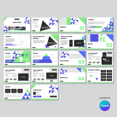 Sales Deck Template for Canva – Forma 40 Collection by More By Us | The Brand Store: 16 bold, geometric slides in green, blue purple for startups SaaS. Includes agenda, results, case studies. Canva logo bottom right.