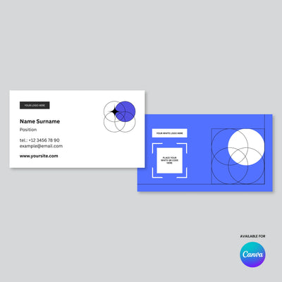 The Minimal Business Card Template | Editable in Canva, Forma 20 Style by More By Us | The Brand Store features two minimalist designs: one white with geometric circles, one blue with a photo placeholder, both shown with a Canva logo in the lower right corner.